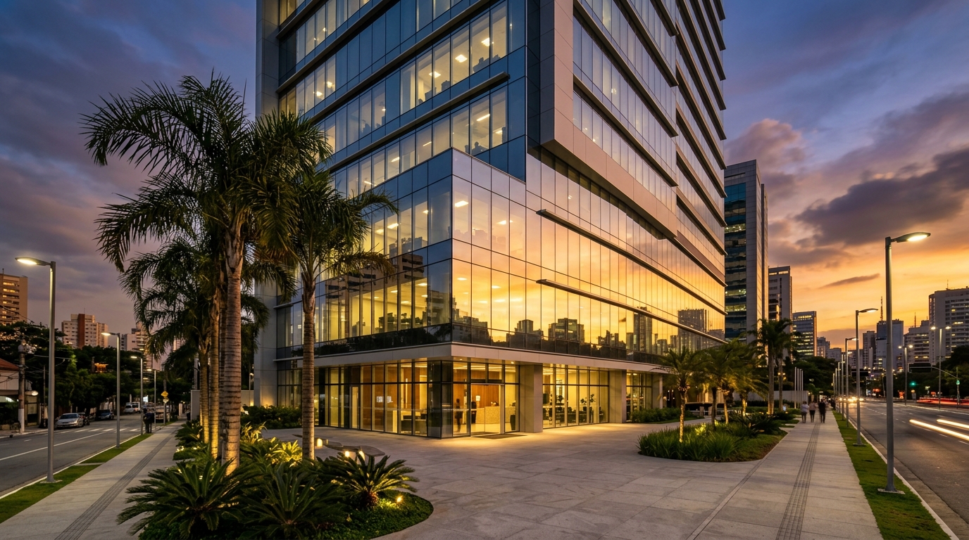 Edifício comercial moderno ao entardecer